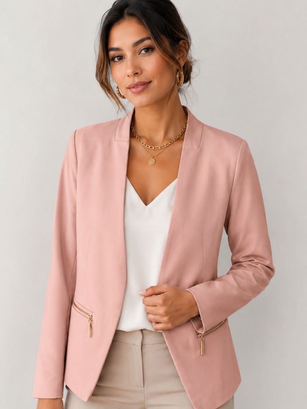 Carmen Marc Volvo Blush Pink Open Blazer Gold Tone Accents Sz 4